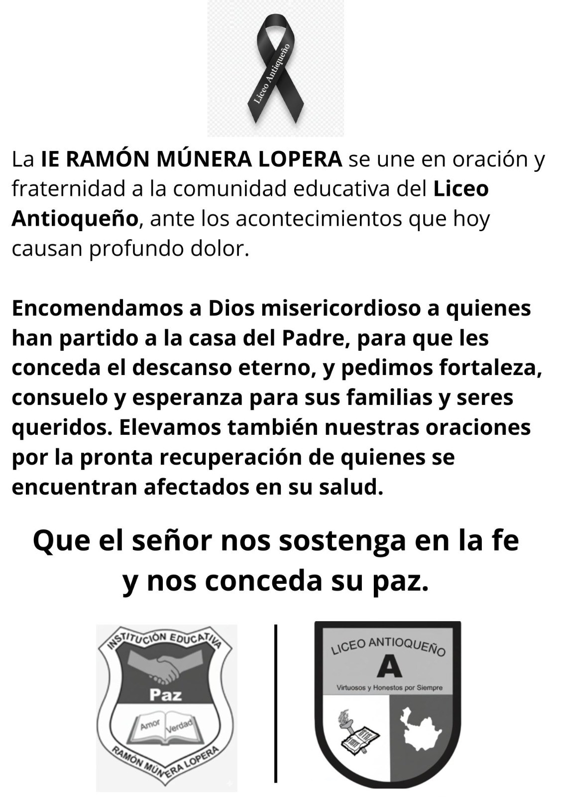 LA IE  SE UNE EN ORACIÓN Y FRATERNIDAD A LA COMUNIDAD EDUACATIVA DEL LICEO ANTIOQUEÑO
